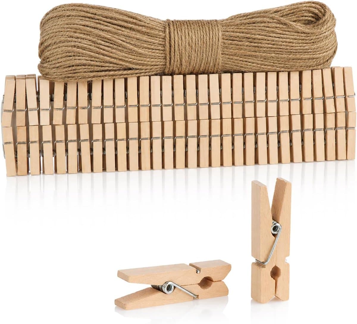 Thijox - 120 Mini Wasknijpers Houten Clips met 50m Jute Touw - Decoratie voor Foto's, Collages, Ansichtkaarten, Geluksgeschenken - Natuurlijke Kleur v — afbeelding 1
