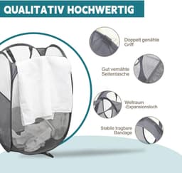 Thijox - 2 stuks 75 liter opvouwbare wasmanden, mesh, grote pop-up wasmanden, ademend en draagbaar met handvat en zijzak, donkergrijs voor thuis, camp — thumbnail 5