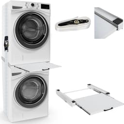 Tussenframe Wasmachine Droger - Universeel Stapelframe - Draagvermogen tot 150 kg - Uittrekbaar Werkblad 38 × 50 cm - 6 m Bevestigingsband - Inclusief Antislipmatten - Voor Wasruimte en Stapelen tot 60 × 60 cm — thumbnail 3