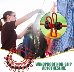 Waslijnen Touw - Reis Waslijn - Kleding Drogen - Met Winddichte Clips - Tot 3.7 Meter - Rood — thumbnail 5