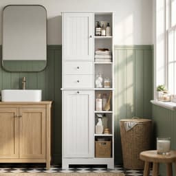 Badkamerkastje - smal badkamerkastje met 6 open vakken en wasmand - 2 lades en soft - close deur - wit — thumbnail 4