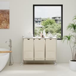 Wasmand met Wielen 3 Laden - Witte Verrijdbare Wasgoed Sorteerder voor Badkamer en Slaapkamer - Stijlvolle Vuilwasser Opbergkast - Thuis Organizer 84x30x77 cm — thumbnail 4