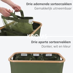 KROMS Wasmand 3 vakken - Olijfgroen - Inclusief NL & ENG Labels - Wassorteerder bamboe - Laundry basket - Wasmand met deksel - 145 L — thumbnail 4