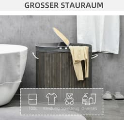 Ohana DT - Bamboe Wasmand Met Deksel - Wasmand 2 Vakken - 100L - 62.5x37x60.5 CM - Stijlvol Design - Afneembare Voering - — thumbnail 4