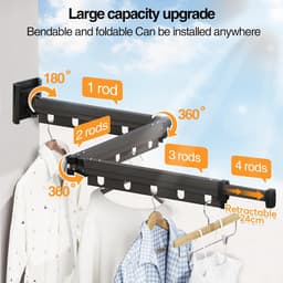 Opvouwbaar droogrek voor kleding - wandmontage - 126 cm - donkergrijs - aluminium — thumbnail 5