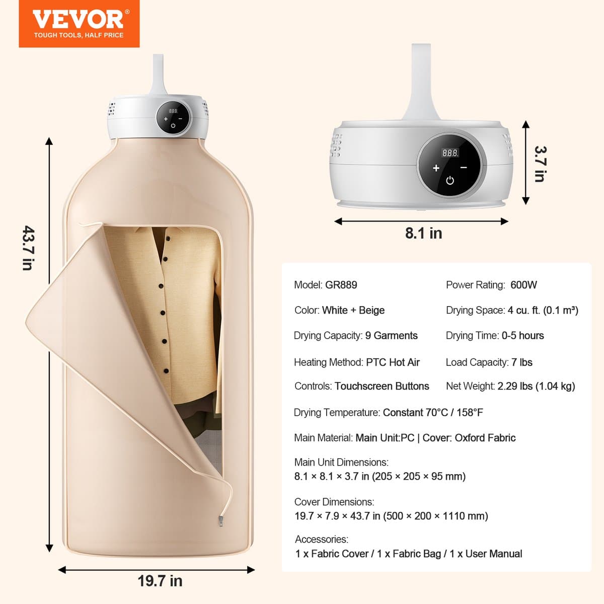 VEVOR Draagbare Wasdroger, Drogtas, PTC-verwarming en LED-display, 600 W — afbeelding 1
