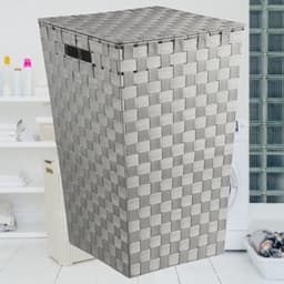Wasmanden met deksel - 60 Liter - Geweven wasmand - Wasbox met optil deksel - Polypropyleen - Afm 33x33x53 Cm - Grijs — thumbnail 4