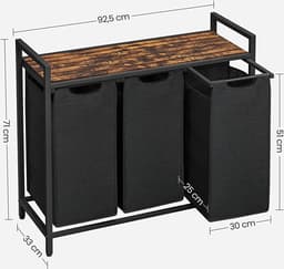 Wasmand 3 Vakken – Wassorteerder – Uitschuifbaar Met Plank – 114 L Verdeeld Over 3 Zakken – Wasmanden – Wasmand Zwart Metaal – 92,5 x 33 x 71 cm –Bruin Hout — thumbnail 2