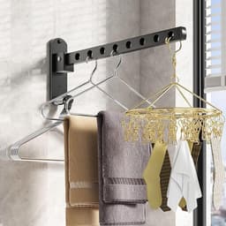 Wandgemonteerd droogrek - Opvouwbaar droogrek voor buiten - 90° draaibare opvouwbare droogrek - Wandgemonteerd droogrek - Wandgemonteerd opvouwbaar droogrek voor balkon, wasruimte, badkamer - Enkele stang opvouwbaar, 8 gaten - Zwart — thumbnail 3