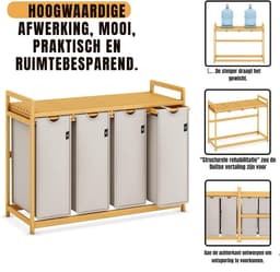 TIM® Wasmand 4 Vakken - Wassorteerder - Wasmand - met Verwijderbare Waszak - Lichtgrijs - 107cm x 42cm x 77cm — thumbnail 4