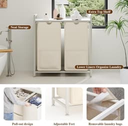 Wasmand 2 vakken, 97L wassorteerder, verrijdbare waswagen – voor wasruimte, slaapkamer, badkamer – wit — thumbnail 5
