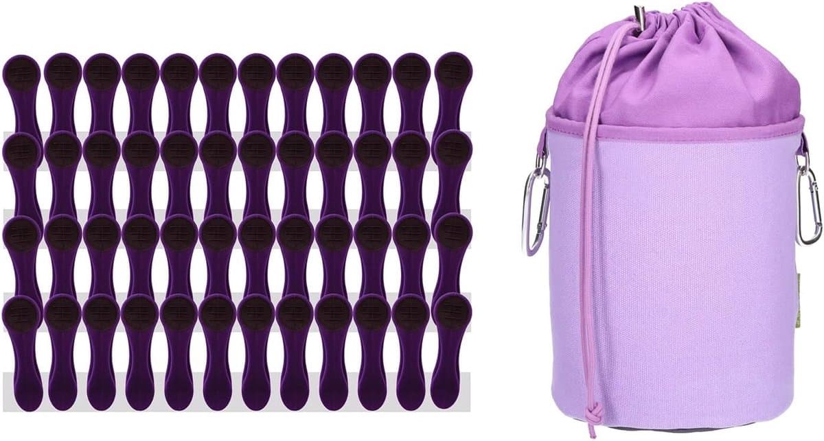 Kledinghangers Set - Wasknijpers met zak - Wasgoed Drogen - Zachte Grip - 48 stuks - Paars Antraciet — afbeelding 1