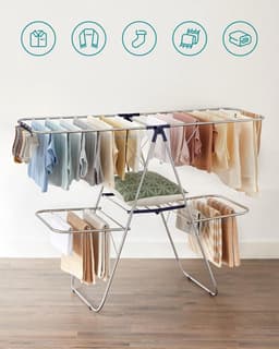 2-Tier Stainless Steel Clothes Dryer with Height Adjustable Wings - Freestanding Drying Rack for Socks, Bed Linen, and Clothing - Foldable and Stable - Blue - 156 x 61 x 113 cm — thumbnail 4
