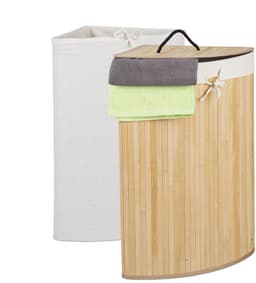 wasmand bamboe - 60 l - opvouwbaar - met deksel en 2 stoffen waszakken - 66 x 49,5 x 37 cm - natuur — thumbnail 1