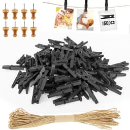 SnelShoppen - 168pcs Mini Houten Klemmen Zwart - Kleine Kledinghangers voor Foto's met 10m Jute Touw - DIY Decoratie voor Bruiloft, Feest, Fotowand en — thumbnail 1