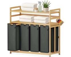 198 liter wasverzamelaar, 4 vakken, wasmand met dubbele plank | bamboe wasbox met uitneembare waszakken, ruimtebesparend voor badkamer, slaapkamer, waskeuken,donkergrijs