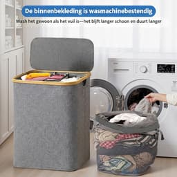 Wasmand - Wasmand 3 Vakken - Wasmand met Deksel - Wassorteerder - 160L - Grijs — thumbnail 4