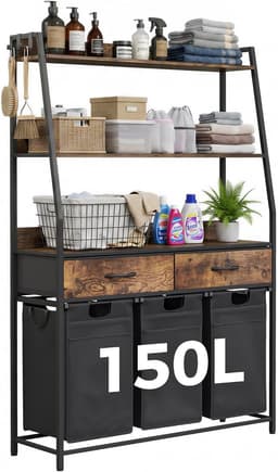 CINK & Co® Wassorteerder met 3 vakken - Wasmand met verstelbare planken en lades - 150 liter - Bruin en zwart - 106x33x160 cm — thumbnail 1