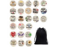 Geluksbrengers 24 stuks - Houten Geluksbrenger - Ronde Mini-souvenirs - Inspirerende Citaten - Fluwelen Zakje - Tafeldecoratie - Gelukssteen