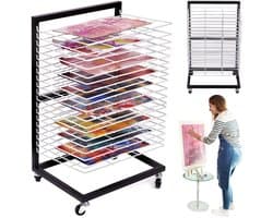 Dailygoods - Klein Hangend Kunst Droogrek met 19 Uitneembare Schappen - Mobiele Droogtoren voor Klaslokalen