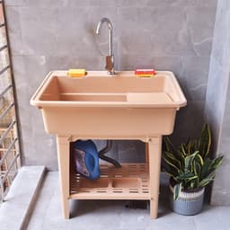 Vrijstaande wasbak - Waskom met wasbord - Kleding wassen - Ergonomisch ontwerp - 80x56x80cm - Oranje — thumbnail 1