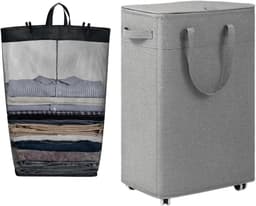 Rolbare Wasmand - Opbergbak Wielen - Kleding Opbergen - Verstevigd Metalen Frame - 75 Liter - Grijs — thumbnail 1