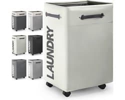 Grote Inklapbare Wasmand met Wieltjes 74L - Opvouwbare Dunne Wasmand met Handvat - Praktische Opbergbox voor Slaapkamers en Wasruimte - Gebroken Wit en O2
