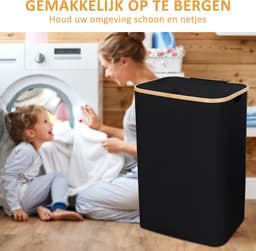 CALIYO Wasmand - Wassorteerder - Wasmand met Deksel - 69×43.5×32.5cm Nis Wasbox - Opvouwbare Mand Vuile Was - 100L - Zwart — thumbnail 4