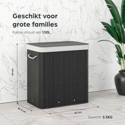 Organess wasmand 3 vakken - Wassorteerder - Wasmand met deksel - Opvouwbaar - 150L - Bamboe - Zwart — thumbnail 5