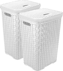 Hega Hogar Wasmand met deksel Rotan - 2x - wit - gevlochten kunststof - 60 liter - 34 x 43 x 62 cm — thumbnail 1