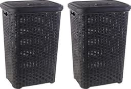 Plasticforte Wasmand met deksel - 2x stuks - 60 liter - antraciet - rotan - kunststof - L35 x B43 x H62 cm — thumbnail 2