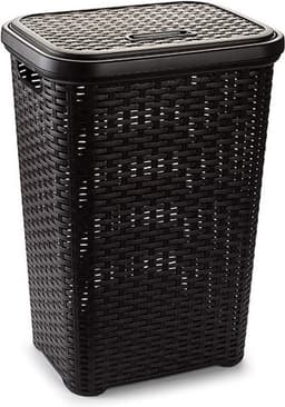 Plasticforte Wasmand met deksel - 2x stuks - 60 liter - donkerbruin - rotan - kunststof - L35 x B43 x H62 cm — thumbnail 2