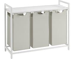 Wasmand 3 vakken – wassorteerder - uitschuifbaar met plank - 92.5 x 33 x 71 cm – wasmand - 168 L verdeeld over 3 zakken – wasmanden – wasmand wit metaal - wit hout
