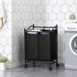 Wasmand met wielen en 2 vakken, wasmand, wasverzamelaar, waswagen met afneembare zakken, totale capaciteit 90 l, zwart, — thumbnail 2