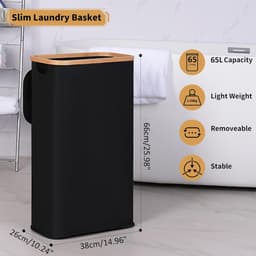 Wasmand 60 Liter met Deksel - Smalle Kledingmand - Opvouwbare Wasmand met Wasbare Uitneembare Binnenzak - Voor Badkamer Slaapkamer en Wasruimte - Zwart — thumbnail 3