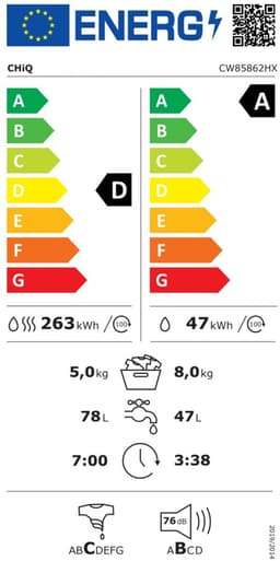 CHiQ CW85862HX - Was-droogcombinatie - Full Service - 8+5KG -OneTouch Smart Wash - 15programma's - Stoom & Allergiezorg -Klasse A/D- 12 jaar garantie op motor - 2026 Nieuw — thumbnail 2