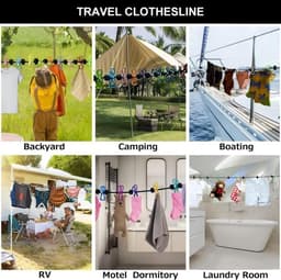 Antislip-waslijn – 1,8 m met 12 klemmen & 13 kralen (rekbaar tot ca. 3 m) – Elastisch koord met antislipklemmen – Montage zonder boren – klemmen Kampeeraccessoire – Draagbare waslijn voor op reis, de camping, thuis en in de tuin — thumbnail 3
