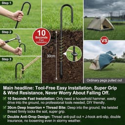 SnelShoppen - 6 Stuks Grondankers 30 cm J-vormige Haringen, Zwart, Verzinkt Staal, Voor Trampoline, Tenten, Tuin en Camping — thumbnail 4