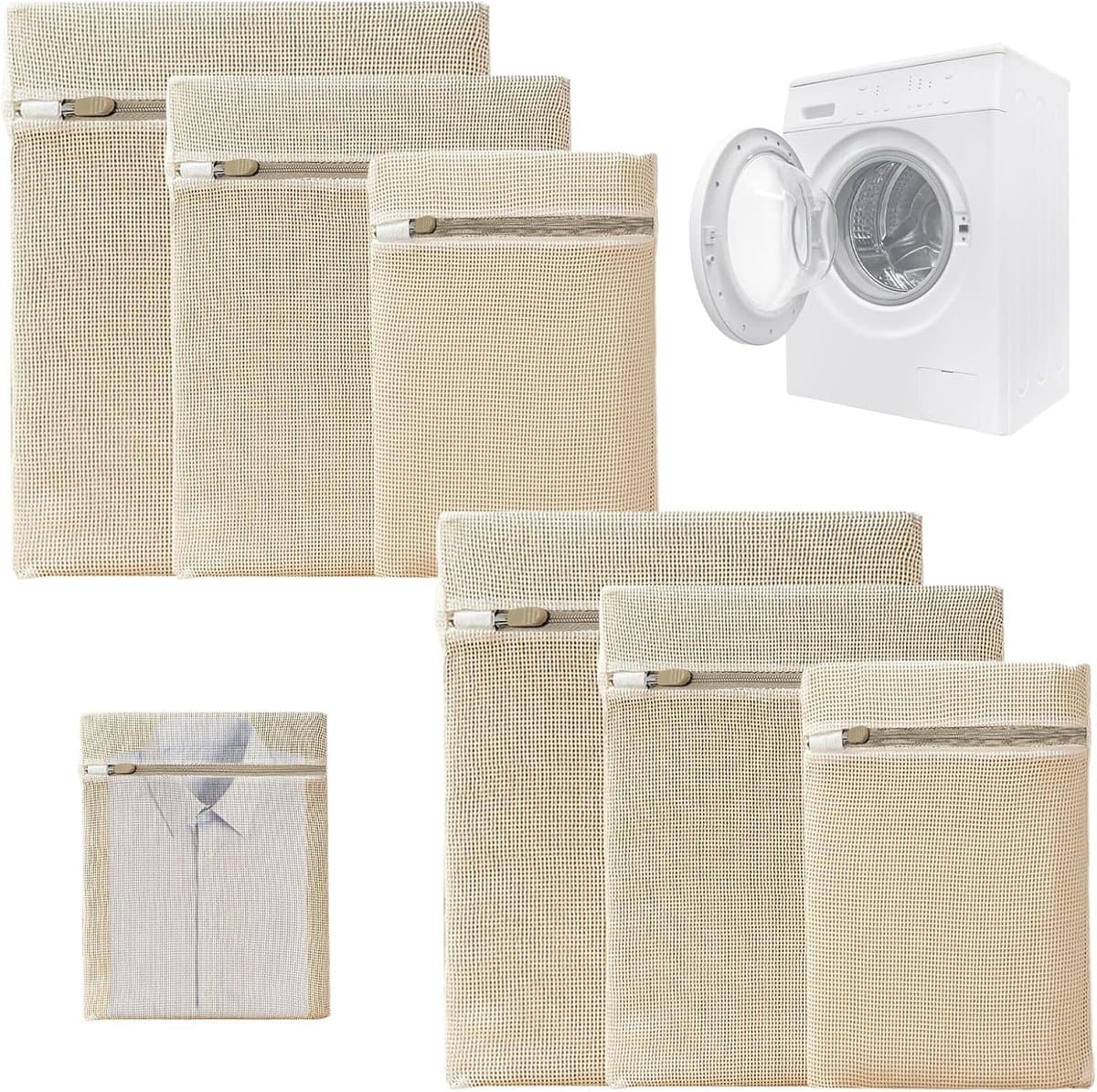 SnelShoppen - Set van 6 Premium Katoenen Waszakken met Rits Zonder Microplastic, Wasnet, Waszak voor Wasmachine, Reisorganisator voor Vuilwas, Eco-vri — afbeelding 1