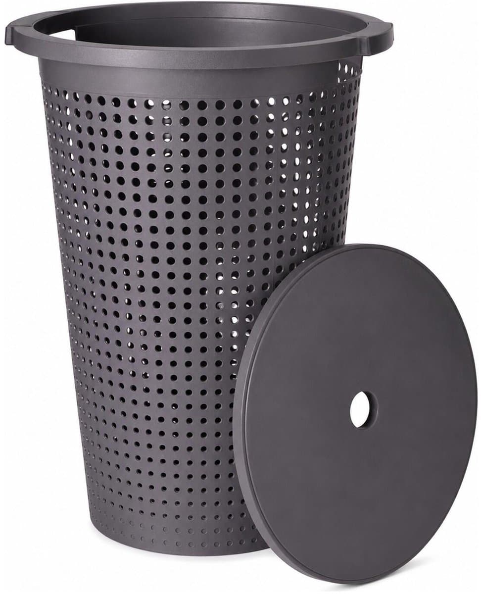 Storage Solutions Wasmand met deksel - donkergrijs - 35 liter - 40 x 52 cm - kunststof - rond - wasbox - mand voor wasgoed — afbeelding 1