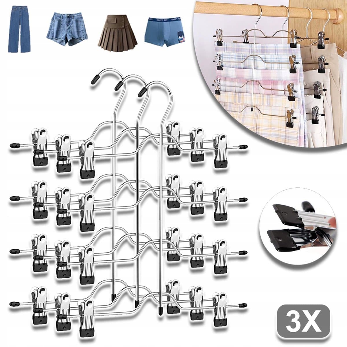 Set Van 3 Antislip Hangers Met Verstelbare Clipbreedte - Roestvrij Staal Verchroomd - Roestvrij Ruimtebesparend - Voor Broeken, Rokken, Sokken En Ondergoed - Zwart En Zilver — afbeelding 1