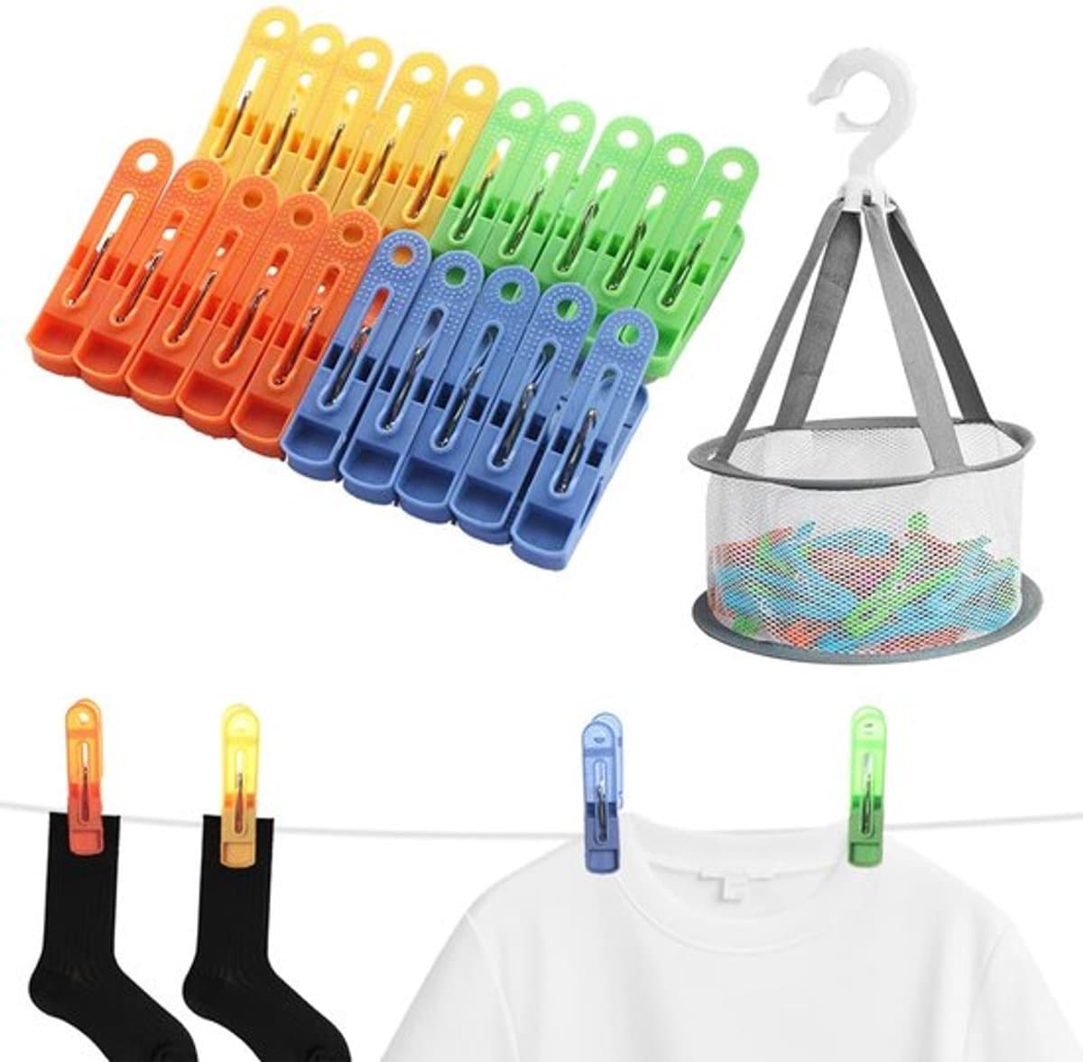 Kledingklemmen 60 Stuks - Kledingklemmen met Mand - Antislip Klemmen - Waterdichte Klemmen - Roestvrij Staal - Ideaal voor Organiseren - Wasklemmen — afbeelding 1