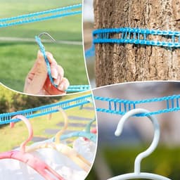 3-delige set - Antislip en winddichte waslijn - Waslijn in hekstijl - Waslijn voor het drogen van dekens - Waslijn voor buiten zonder boren - 8 meter - Roze, lichtgroen, blauw - Uitschuifbaar - Geschikt voor buiten, tuin en camping — thumbnail 3