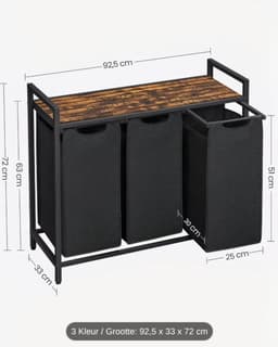 Wasmand 3 Vakken, Wasverzamelaar met Plank, Wasdoos, Oxford Doek Waszak Afneembaar, Metalen Frame, 3 x 38 L, 92.5 x 33 x 72 cm, Vintage Zwart-Grijs — thumbnail 2