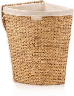 Wasmand met deksel - Hoek mand - Ruimte besparen - Natuurlijk waterhyacint - 42x30x49cm - Beige — thumbnail 1