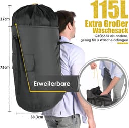Waszak Voor Op Reis, Vuile Was, XXL, 115 Liter, Waterdicht, Met 2 Gevoerde Schouderbanden, Opvouwbare Opbergzak, Kledingtas, Plundry Bag Rugzak — thumbnail 5