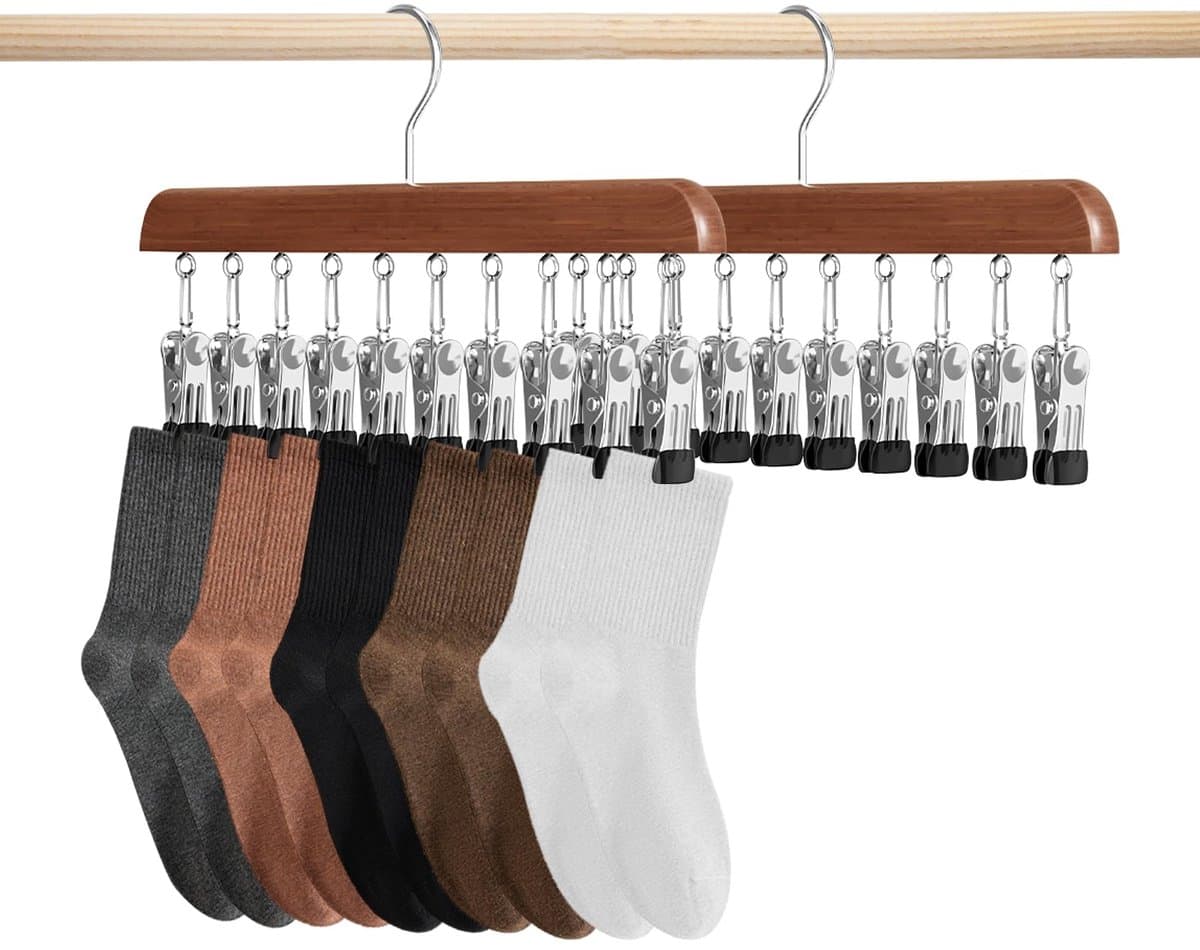 2 stuks sokkendroger, wasrek van hout, winddicht droogrek met 10 clips voor sokken, ondergoed, muts, sjaal, handdoeken, schoeninlegzolen — afbeelding 1