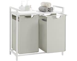Wasmand, wasmand met 2 vakken, uittrekbare en verwijderbare voerzakken, kledingsorteerder, plank, metalen frame, 2 x 46 l, 73 x 33 x 72 cm, crèmewit en matwit BLH201W01