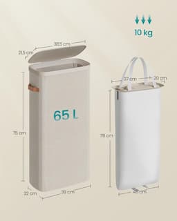 Wasmand, 65 liter, Wasmand, Wasbak, Eenvoudig te monteren, met deksel en handgrepen, Uitneembare waszak, 39 x 22 x 75 cm, Cappuccino Beige LCB810LH01 — thumbnail 2