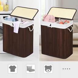 Merkloos Bamboe wasmand met 2 vakken en deksel - 72L — thumbnail 5